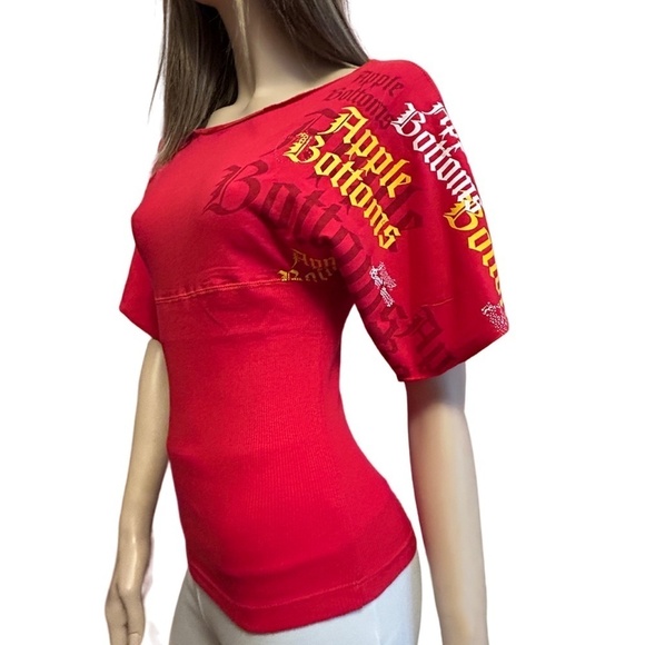 Apple Bottoms by Nelly Top Graphic Print Branded Tee Y2K Ribbed Bodice Made USA - Picture 5 of 13